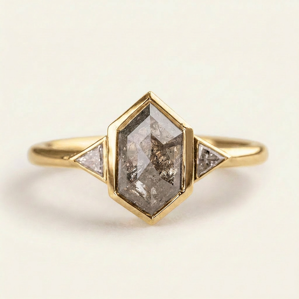 1.30 CT Hexagon & Triangle Cut Salt and Pepper Diamond Three Stone Ring (V1)