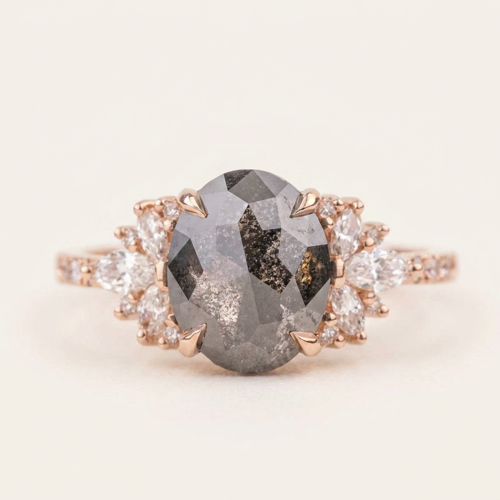 2.10 CT Oval & Round Cut Salt and Pepper Diamond Cluster Ring