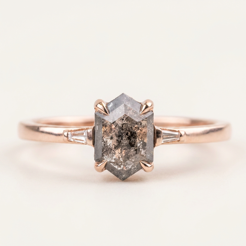 1.35 CT Hexagon & Baguette Cut Salt and Pepper Diamond Three Stone Ring