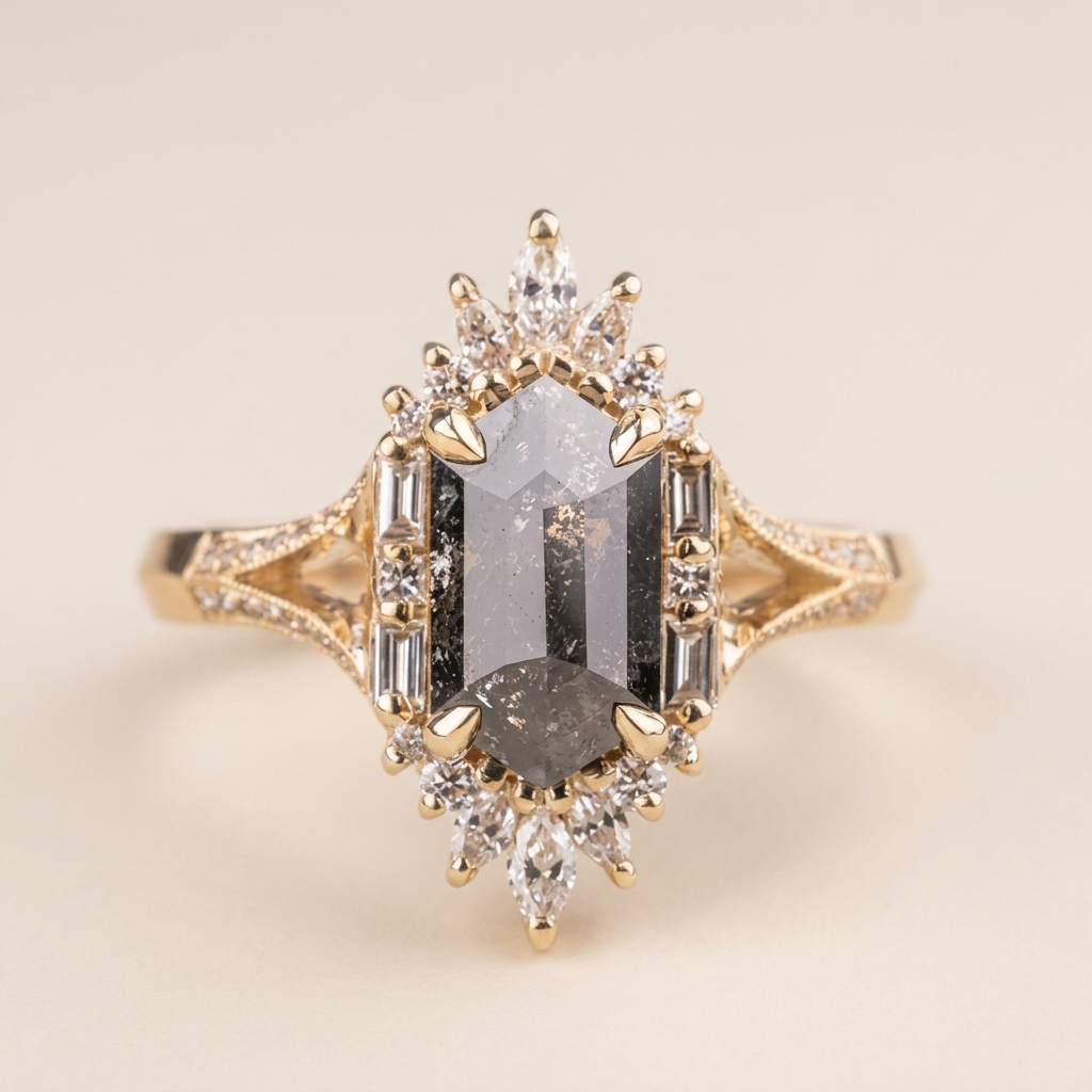 1.90 CT Hexagon & Round Cut Salt and Pepper Diamond Cluster Ring
