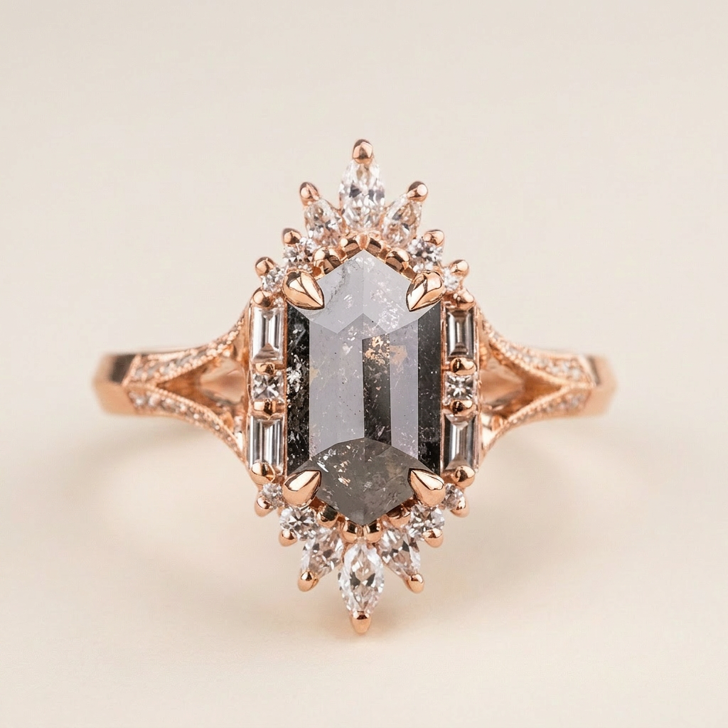1.90 CT Hexagon & Round Cut Salt and Pepper Diamond Cluster Ring