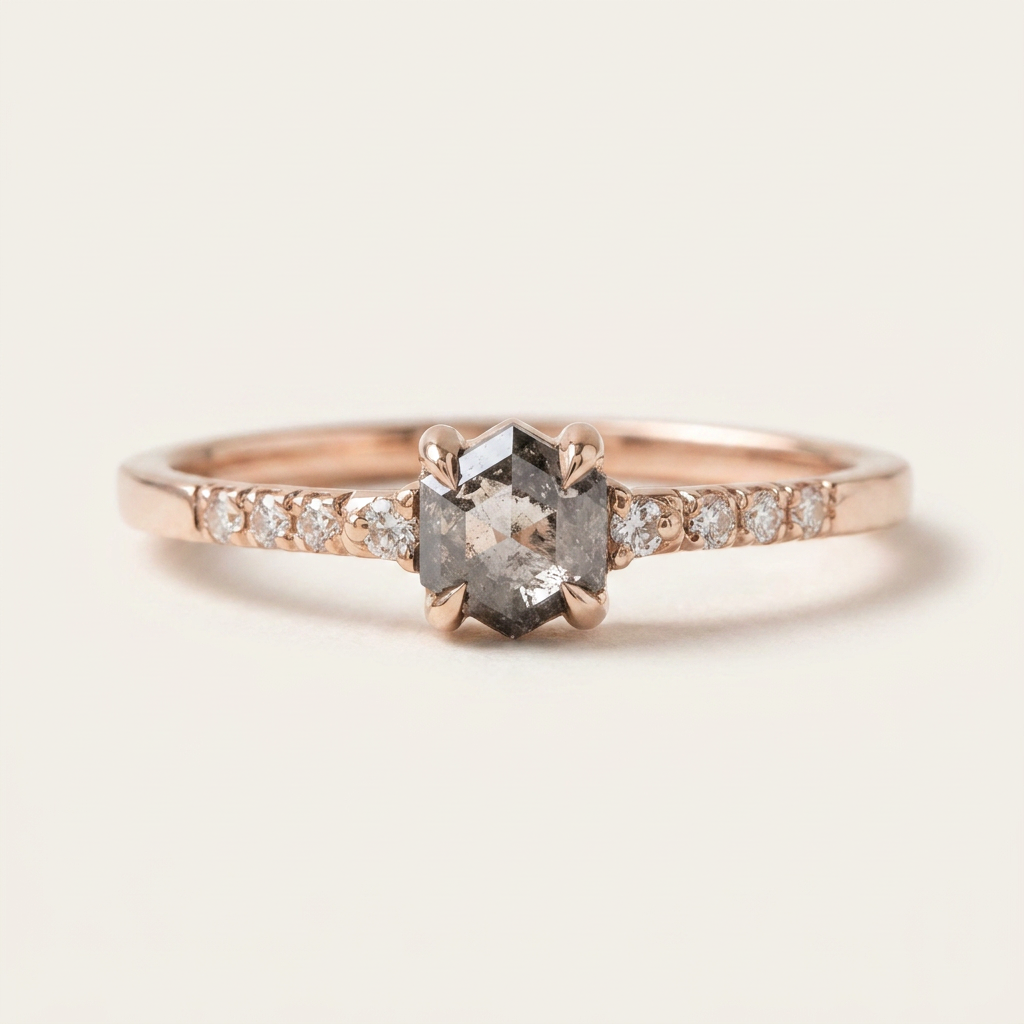 1.30 CT Hexagon Cut Salt and Pepper Diamond Solitaire Ring (V1)