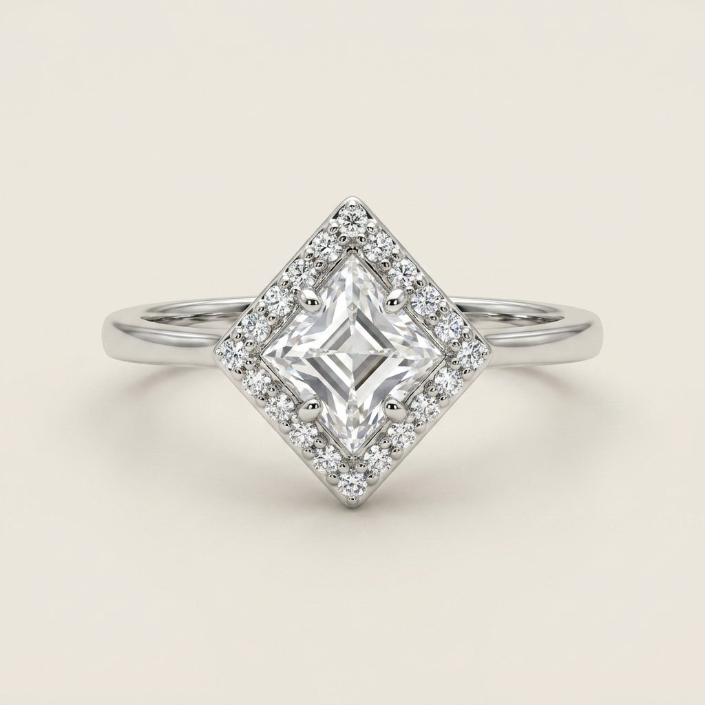Moissanite 1.65 CT Lozenge Cut Diamond Halo Ring