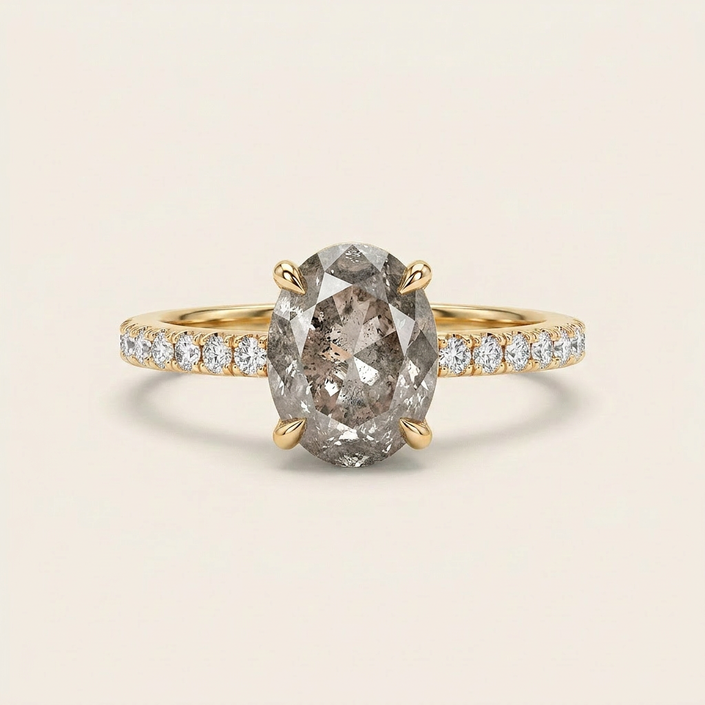 1.65 CT Oval Cut Salt and Pepper Diamond Solitaire Ring