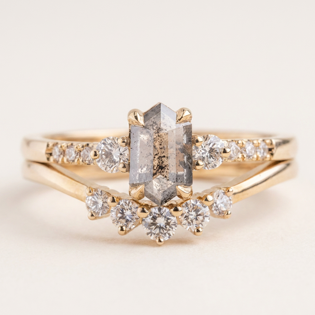1.55 CT Hexagon & Round Cut Salt and Pepper Diamond Three Stone Ring
