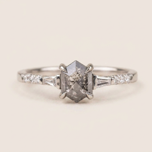 1.45 CT Hexagon & Round Cut Salt and Pepper Diamond Three Stone Ring (V-Artdeco)