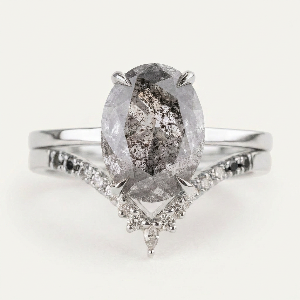 1.90 CT Oval Cut Salt and Pepper Diamond Solitaire Ring