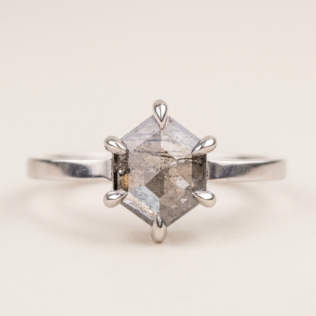 1.25 CT Hexagon Cut Salt and Pepper Diamond Solitaire Ring (V-Artdeco)