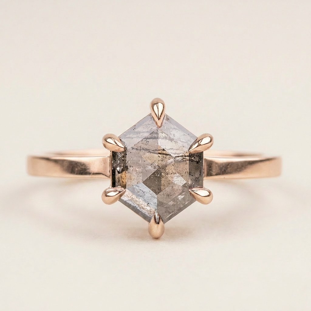 1.25 CT Hexagon Cut Salt and Pepper Diamond Solitaire Ring (V-Artdeco)