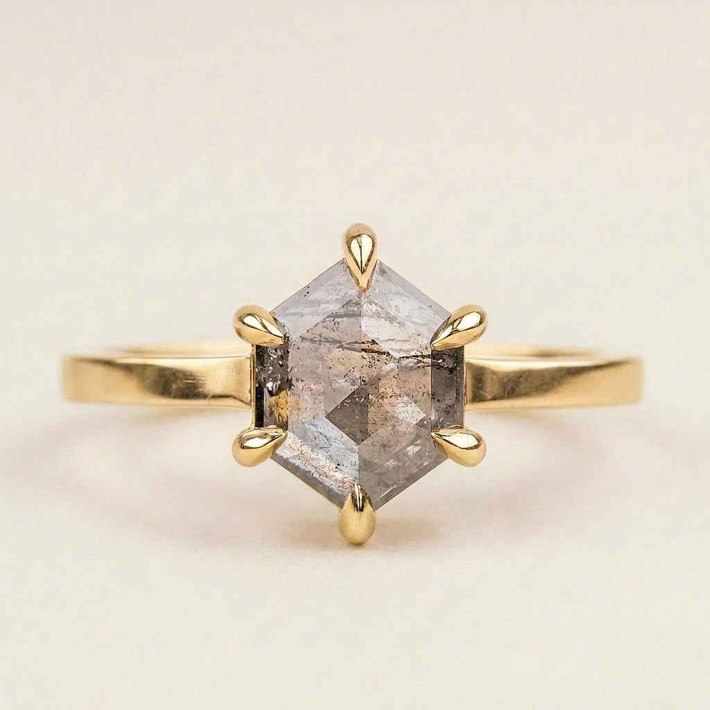 1.25 CT Hexagon Cut Salt and Pepper Diamond Solitaire Ring (V-Artdeco)
