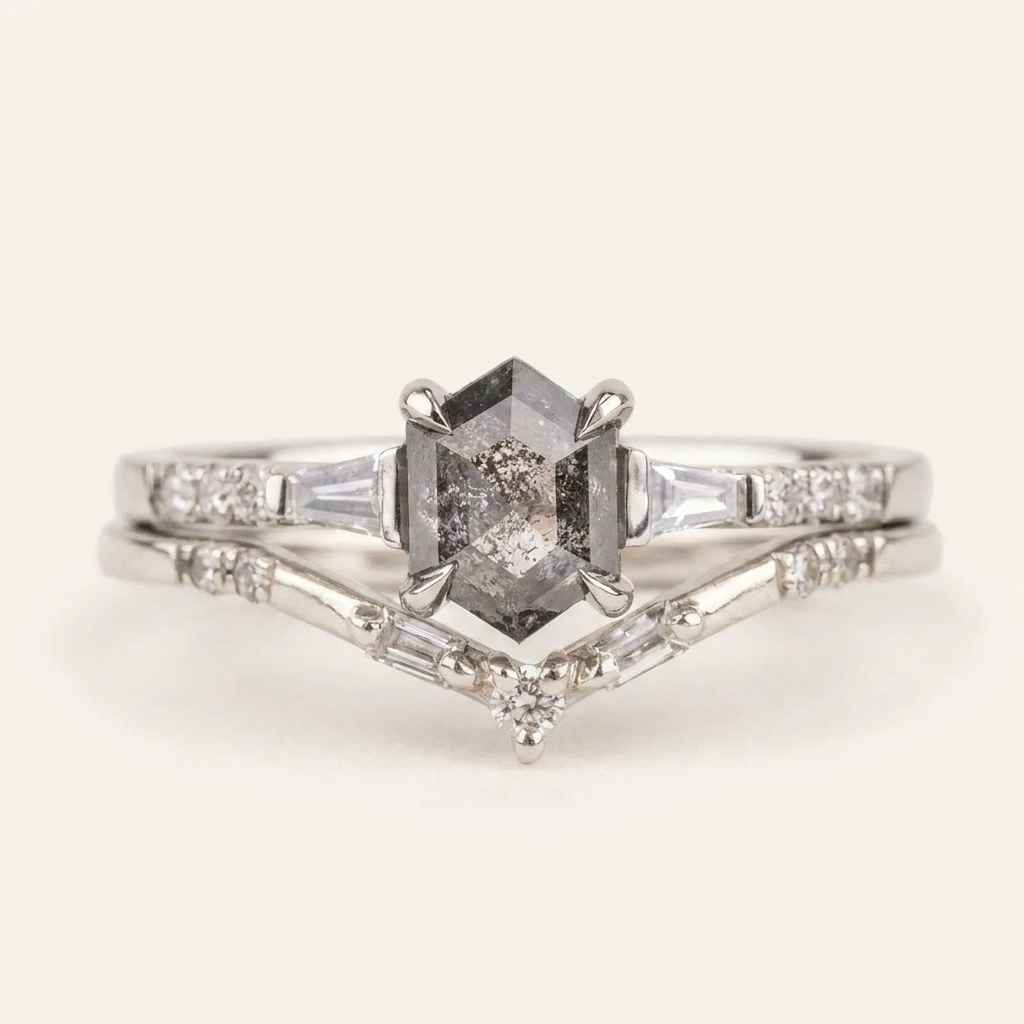 1.45 CT Hexagon & Round Cut Salt and Pepper Diamond Three Stone Ring (V-Artdeco)