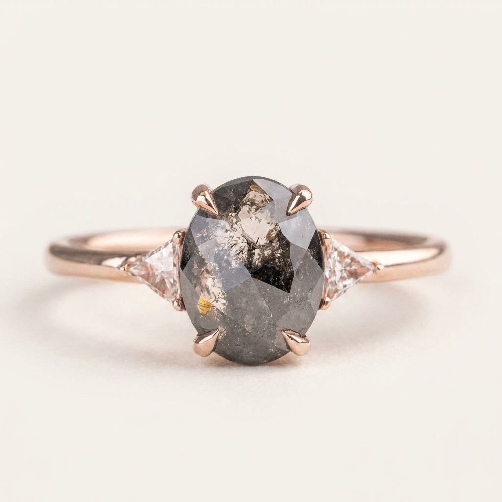 1.80 CT Oval & Triangle Cut Salt and Pepper Diamond Three Stone Ring