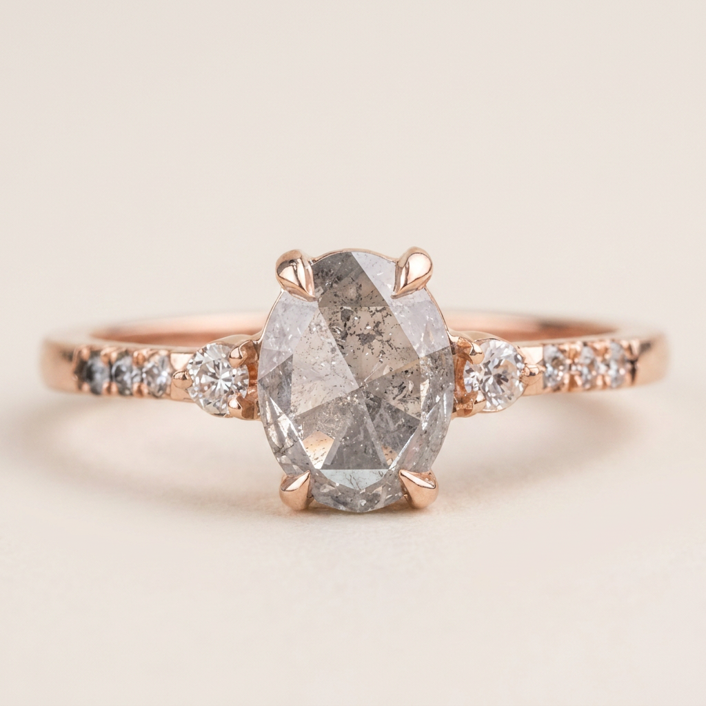 1.70 CT Oval & Round Cut Salt and Pepper Diamond Three Stone Ring