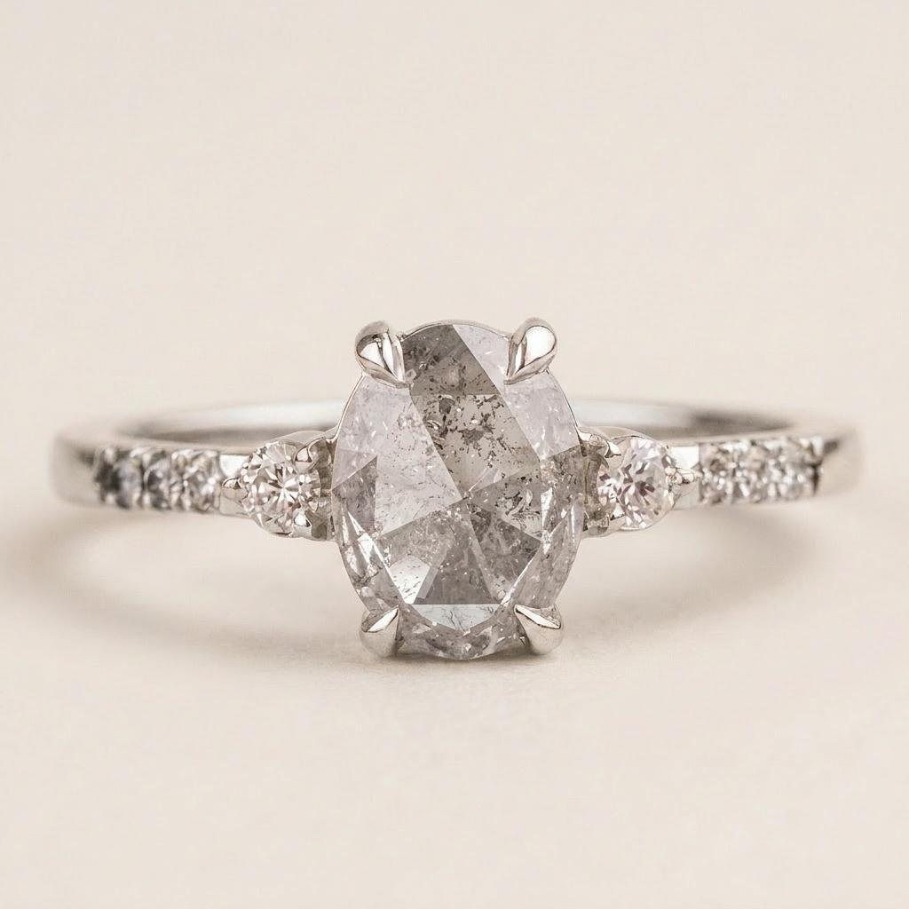 1.70 CT Oval & Round Cut Salt and Pepper Diamond Three Stone Ring