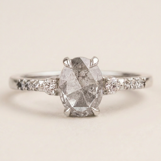 1.70 CT Oval & Round Cut Salt and Pepper Diamond Three Stone Ring