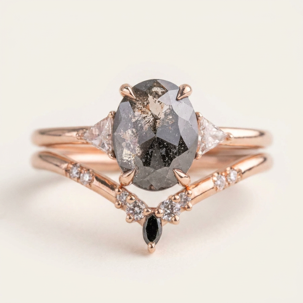 1.80 CT Oval & Triangle Cut Salt and Pepper Diamond Three Stone Ring