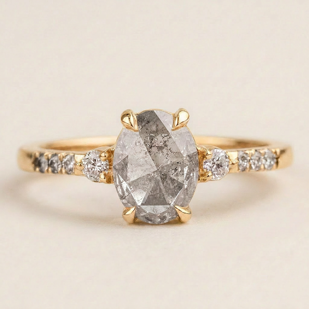 1.70 CT Oval & Round Cut Salt and Pepper Diamond Three Stone Ring