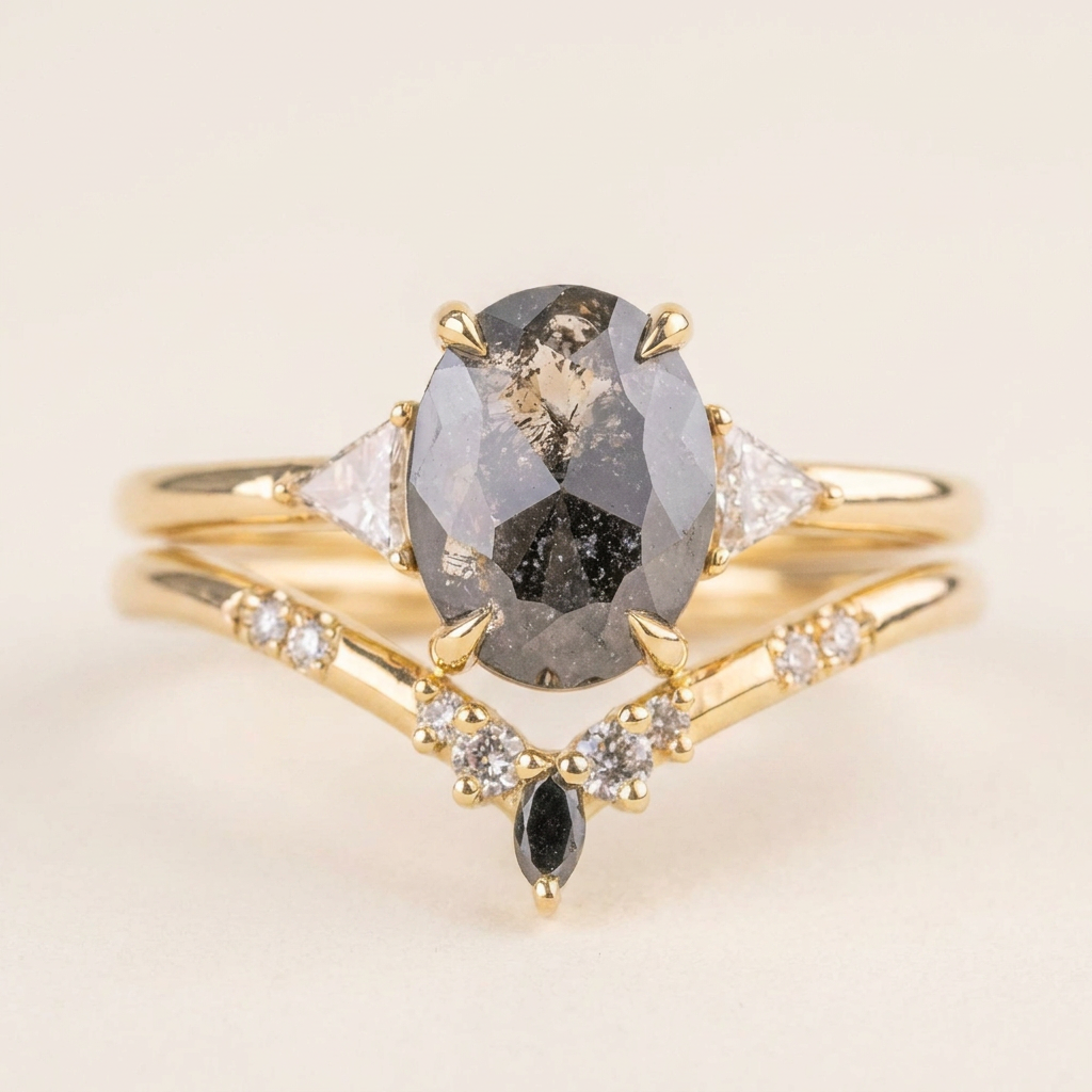 1.80 CT Oval & Triangle Cut Salt and Pepper Diamond Three Stone Ring