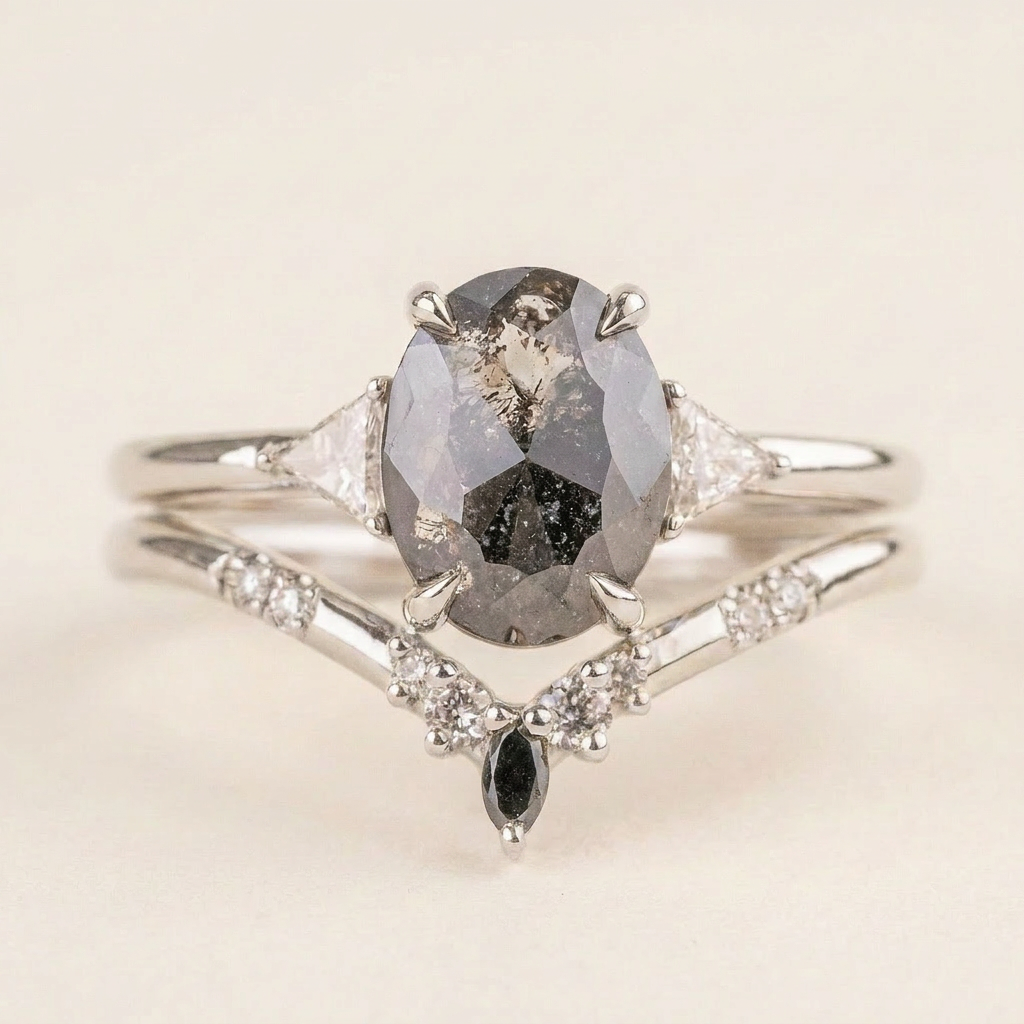 1.80 CT Oval & Triangle Cut Salt and Pepper Diamond Three Stone Ring
