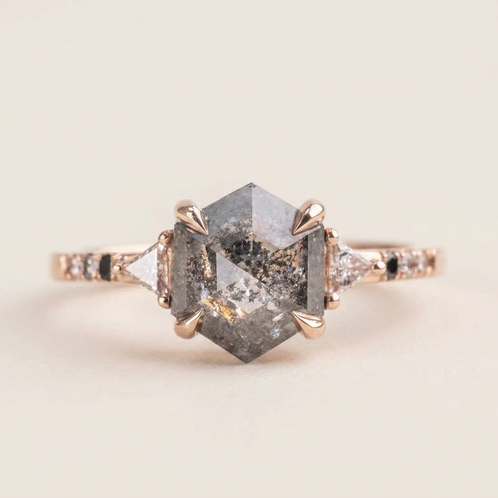 1.65 CT Hexagon & Triangle Cut Salt and Pepper Diamond Three Stone Ring