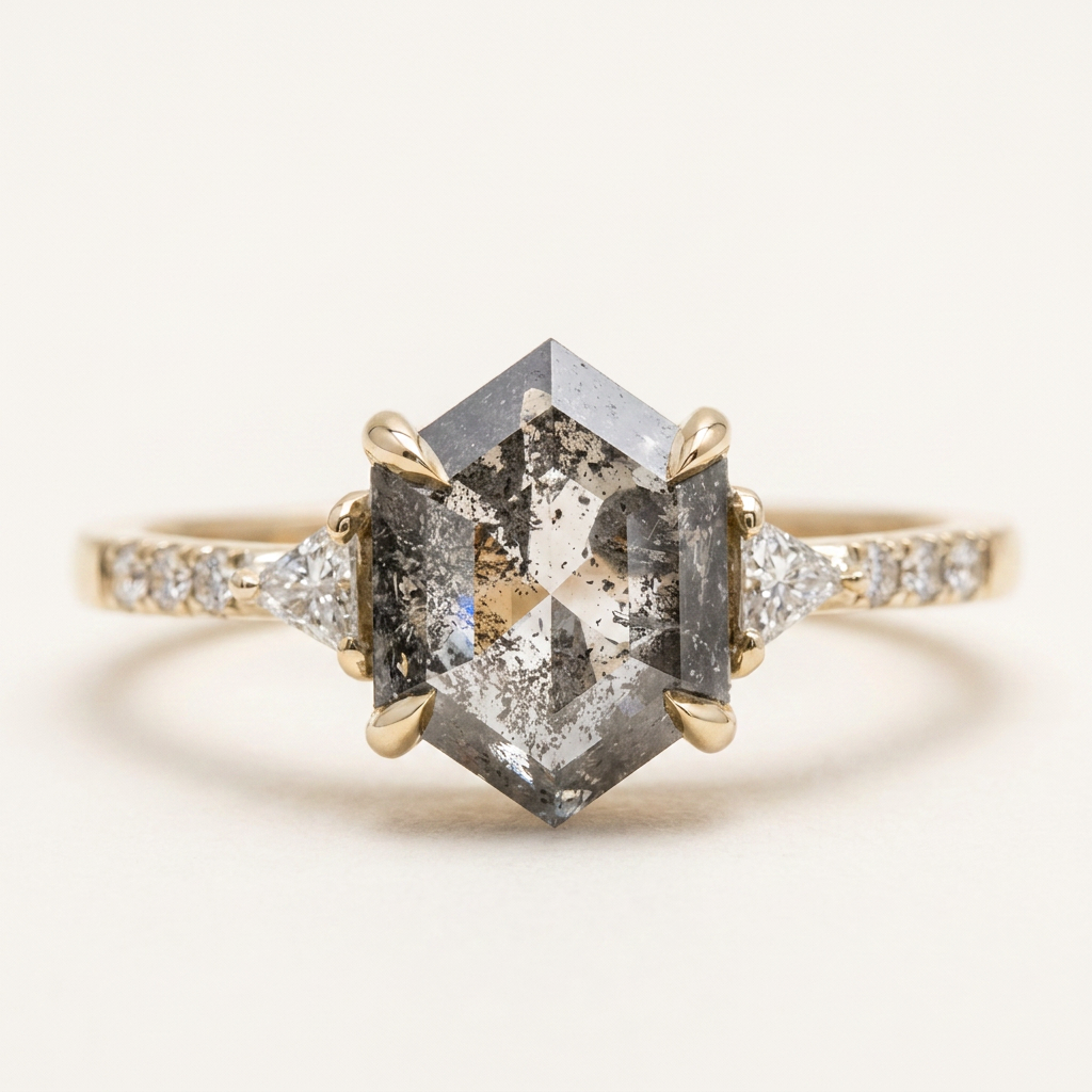 1.80 CT Hexagon & Triangle Cut Salt and Pepper Diamond Three Stone Ring