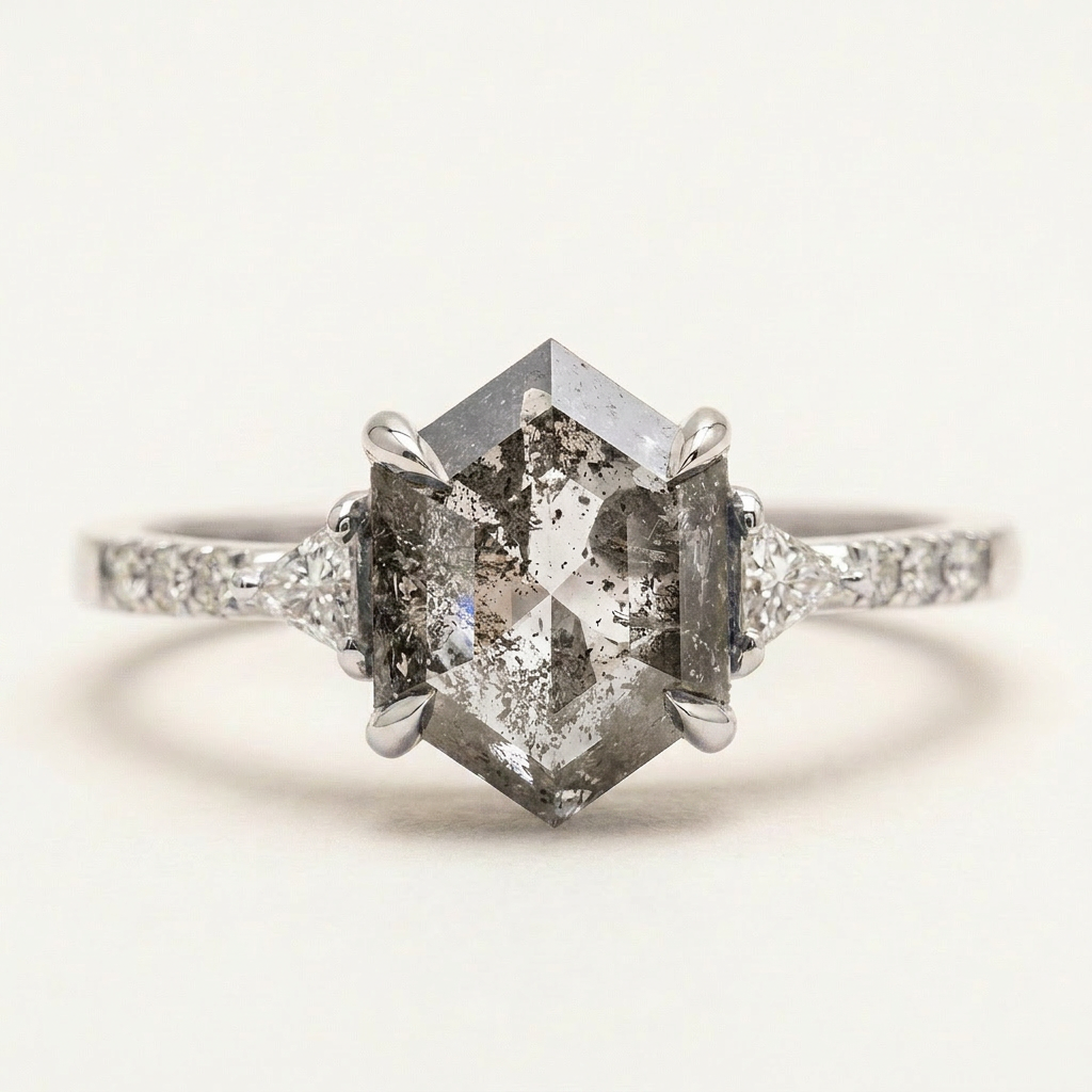 1.80 CT Hexagon & Triangle Cut Salt and Pepper Diamond Three Stone Ring