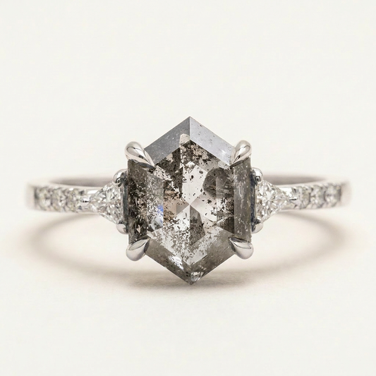 1.80 CT Hexagon & Triangle Cut Salt and Pepper Diamond Three Stone Ring