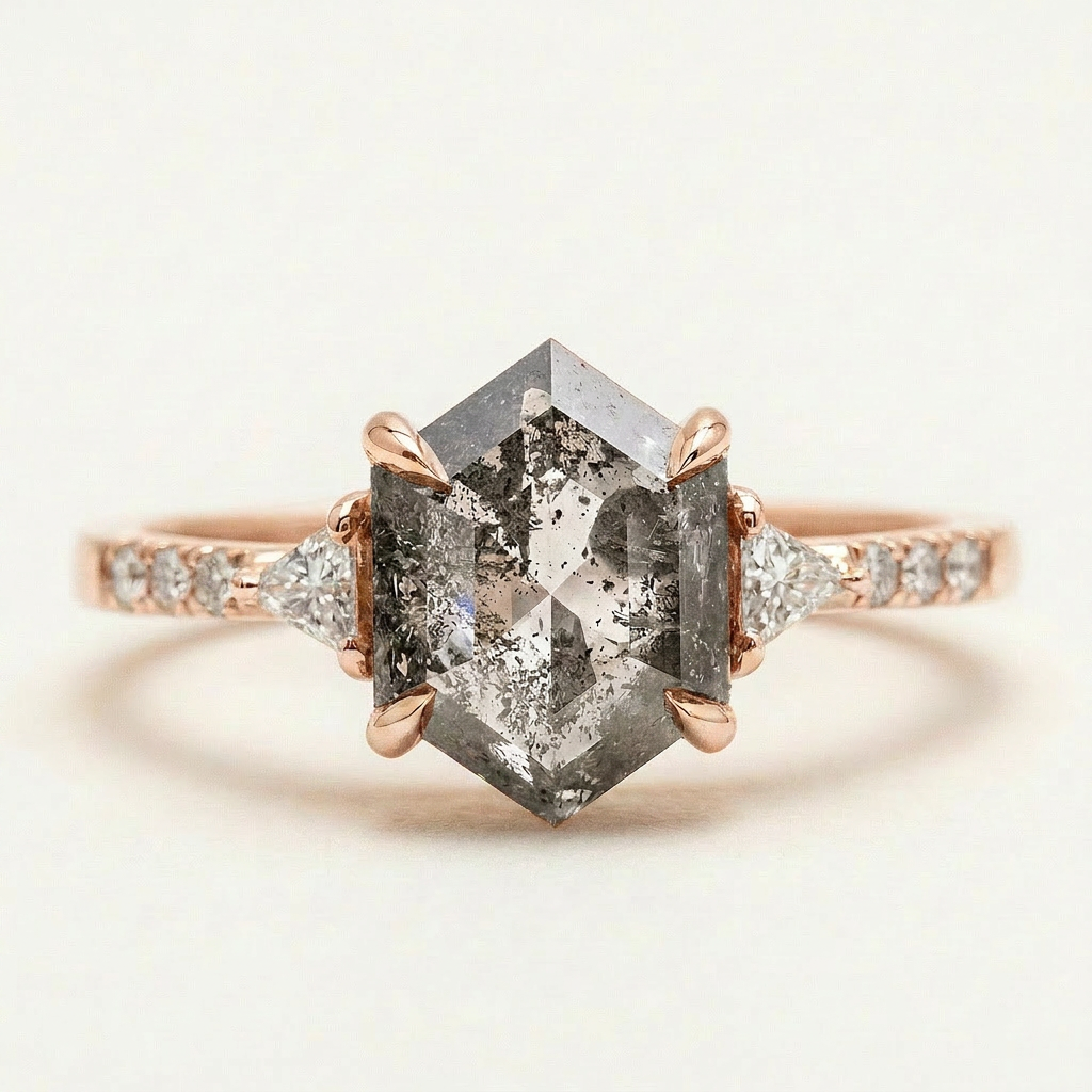 1.80 CT Hexagon & Triangle Cut Salt and Pepper Diamond Three Stone Ring