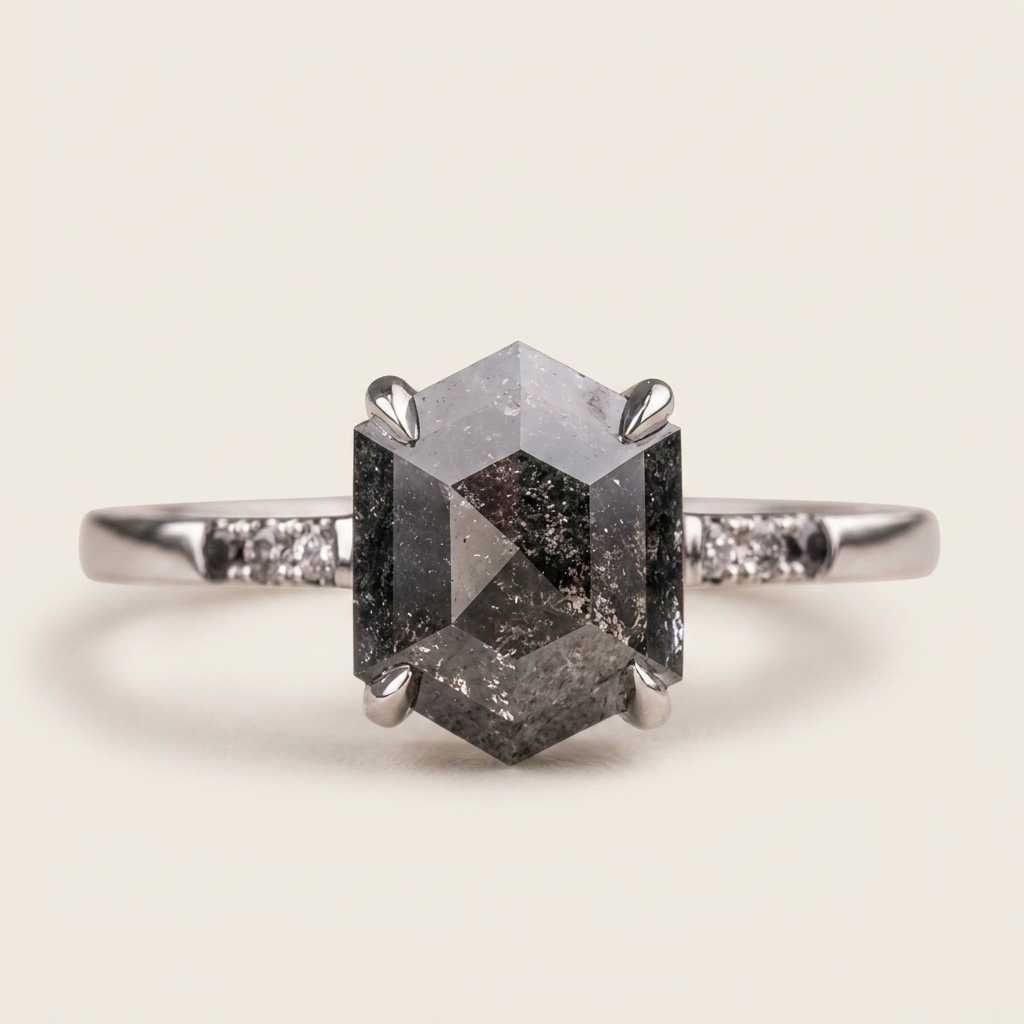 1.70 CT Hexagon & Round Cut Salt and Pepper Diamond Three Stone Ring (V2)