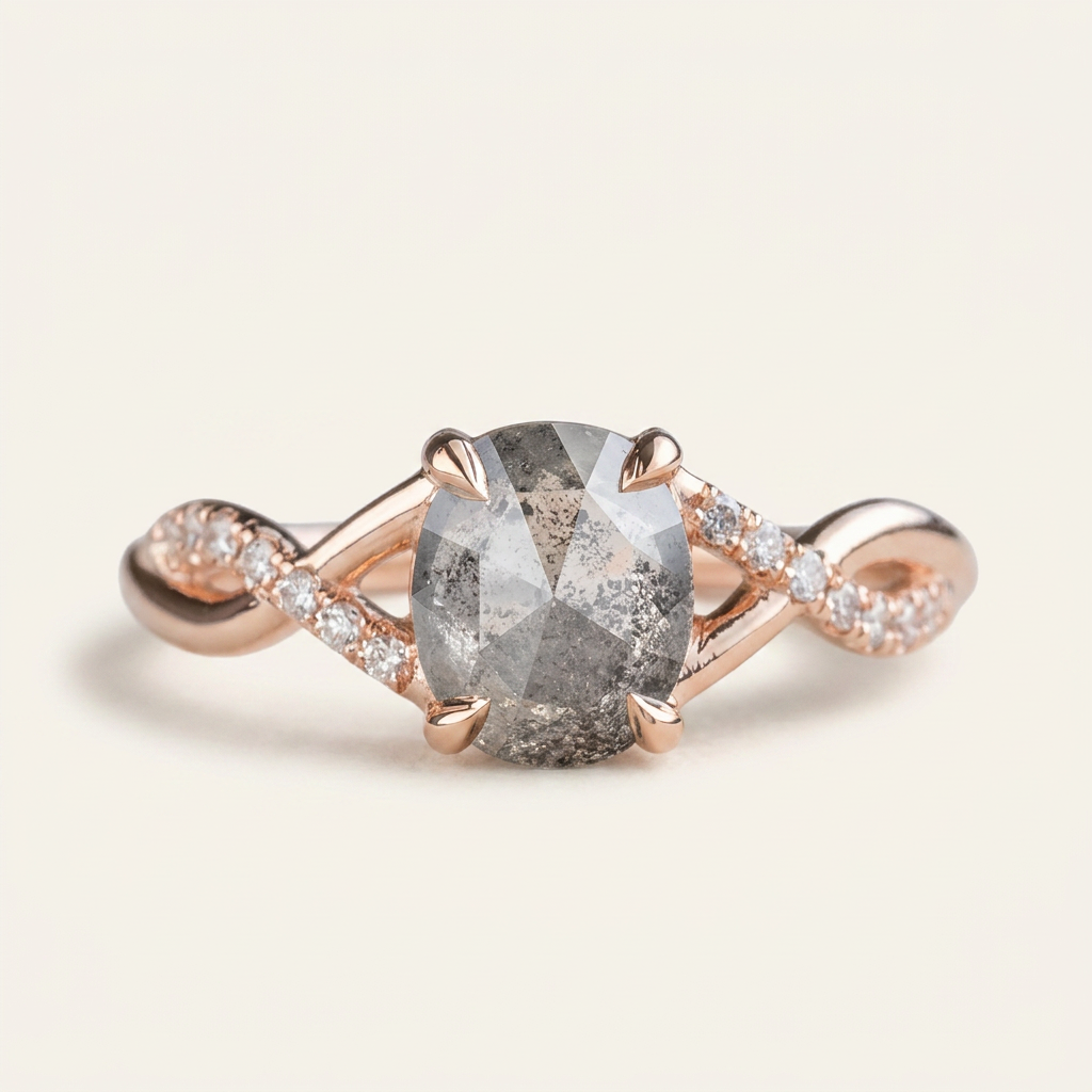 1.55 CT Oval Cut Salt and Pepper Diamond Solitaire Ring