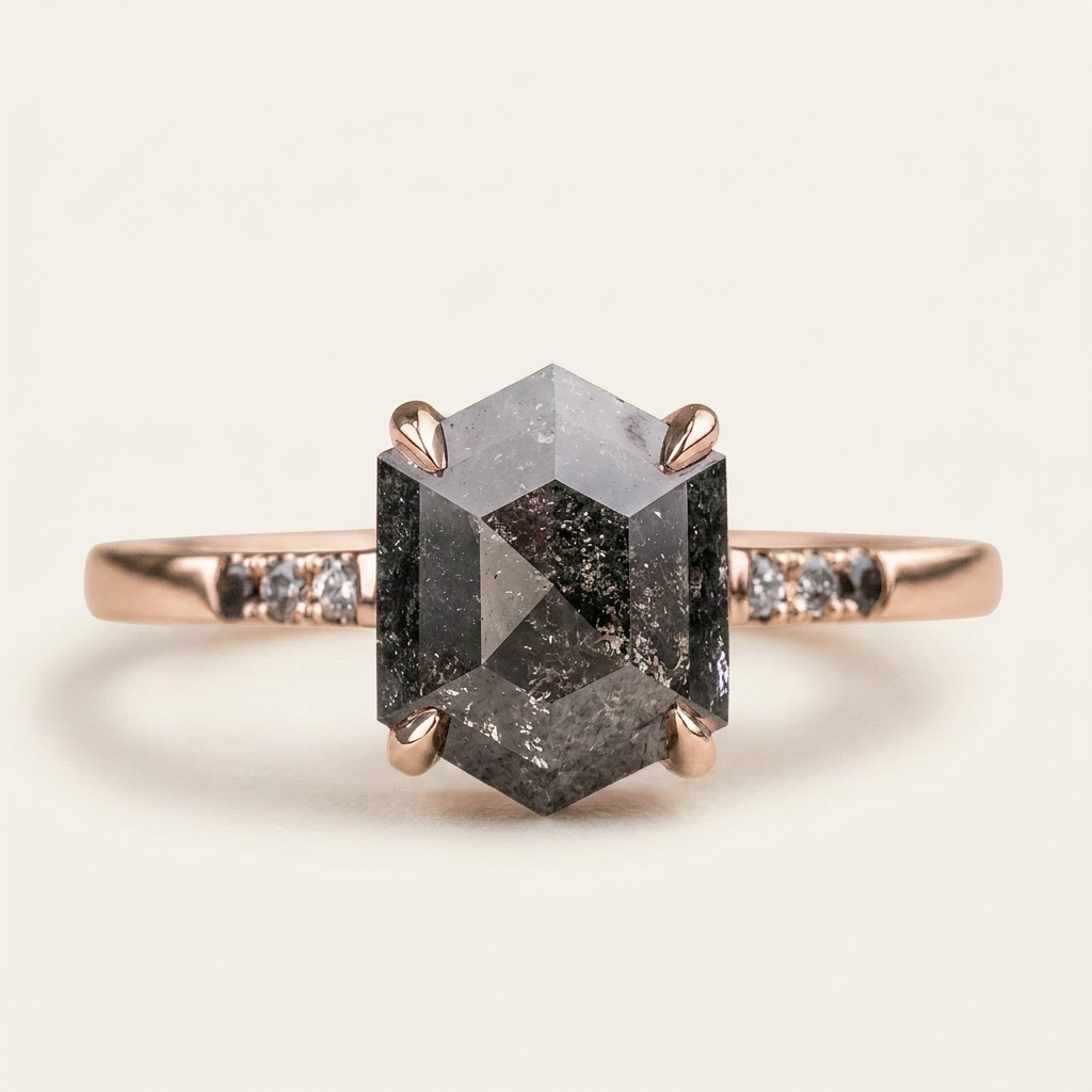 1.70 CT Hexagon & Round Cut Salt and Pepper Diamond Three Stone Ring (V2)