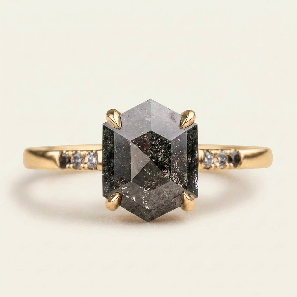 1.70 CT Hexagon & Round Cut Salt and Pepper Diamond Three Stone Ring (V2)