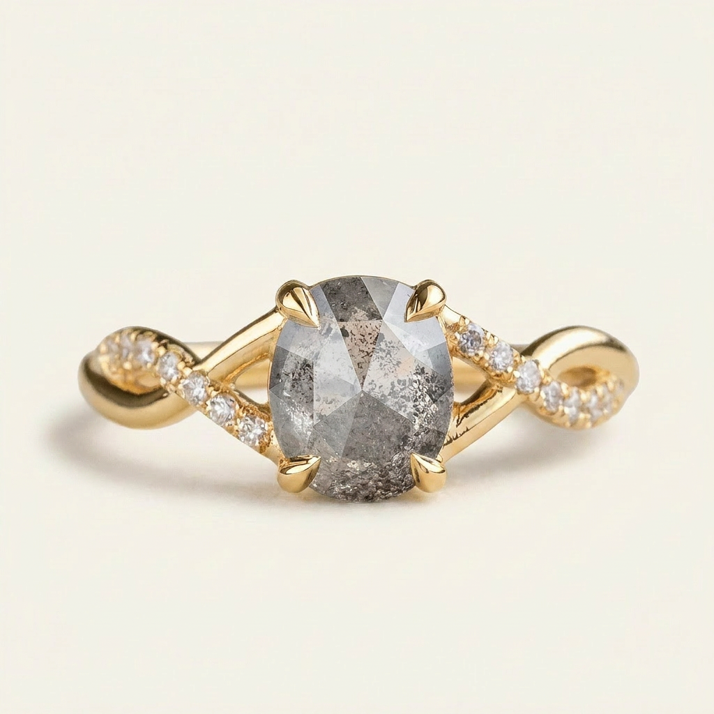 1.55 CT Oval Cut Salt and Pepper Diamond Solitaire Ring