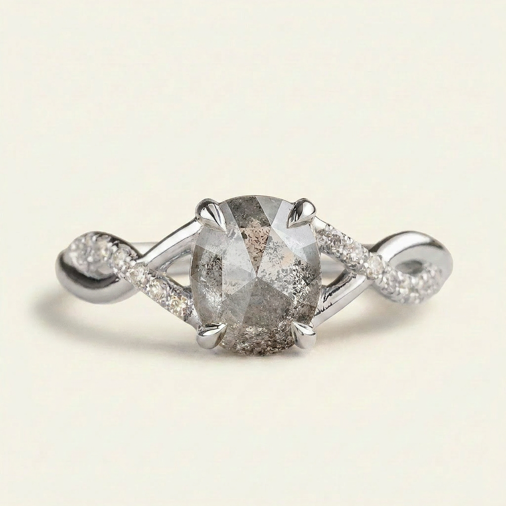 1.55 CT Oval Cut Salt and Pepper Diamond Solitaire Ring