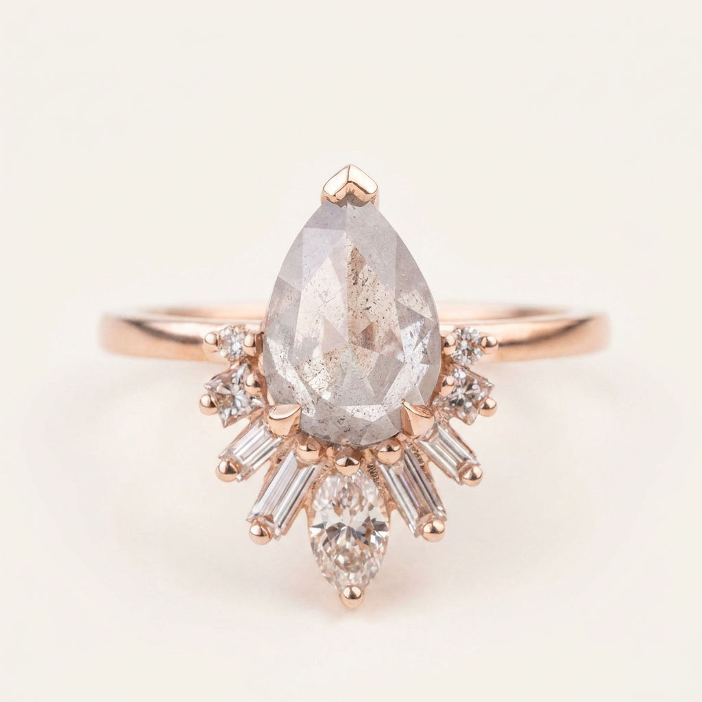 1.60 CT Pear & Round Cut Salt and Pepper Diamond Cluster Ring