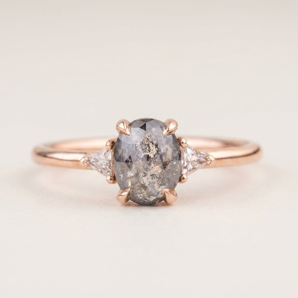 1.75 CT Oval & Triangle Cut Salt and Pepper Diamond Three Stone Ring