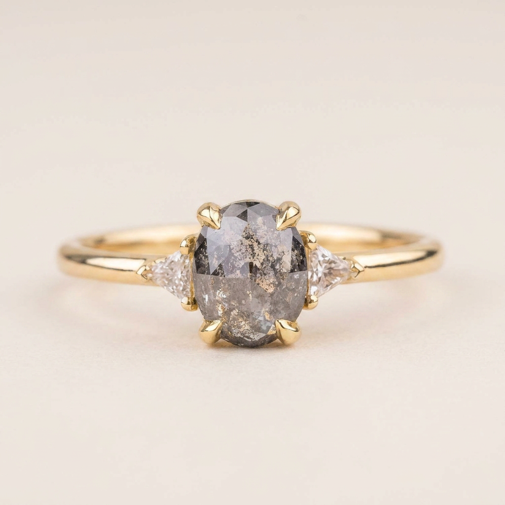1.75 CT Oval & Triangle Cut Salt and Pepper Diamond Three Stone Ring