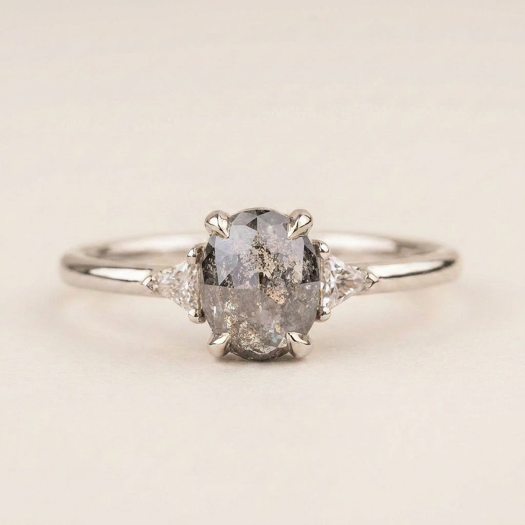 1.75 CT Oval & Triangle Cut Salt and Pepper Diamond Three Stone Ring