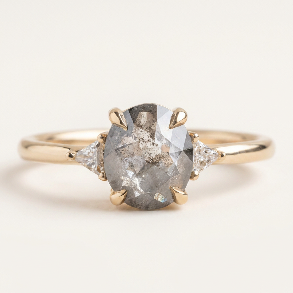 1.60 CT Oval & Triangle Cut Salt and Pepper Diamond Three Stone Ring