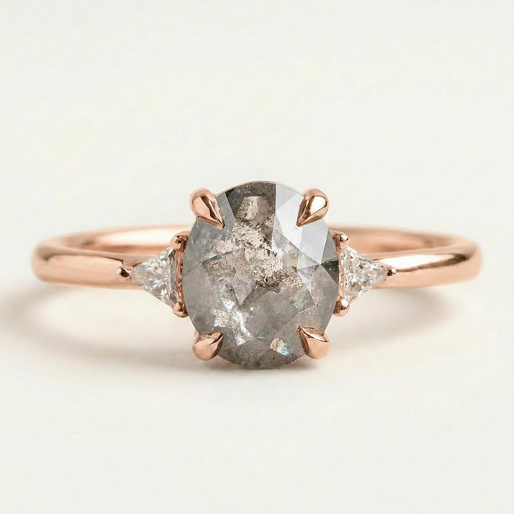 1.60 CT Oval & Triangle Cut Salt and Pepper Diamond Three Stone Ring