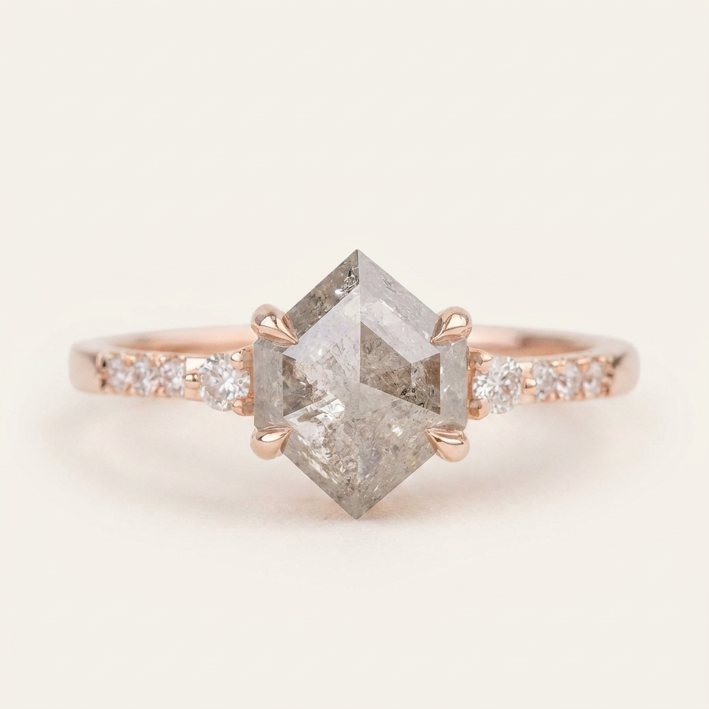1.65 CT Hexagon & Round Cut Salt and Pepper Diamond Three Stone with Side Stones Ring