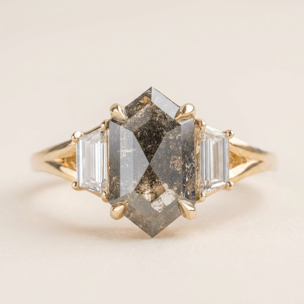 1.70 CT Hexagon & Baguette Cut Salt and Pepper Diamond Three Stone Ring