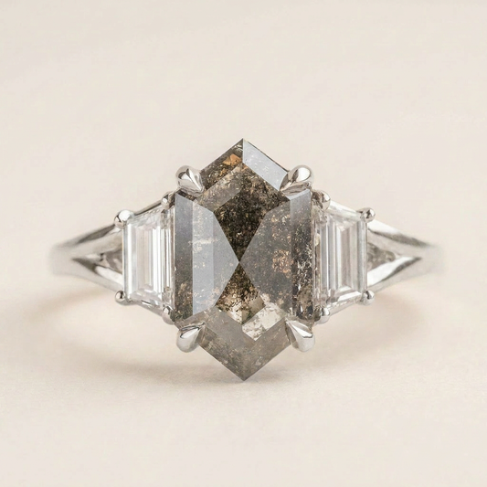 1.70 CT Hexagon & Baguette Cut Salt and Pepper Diamond Three Stone Ring