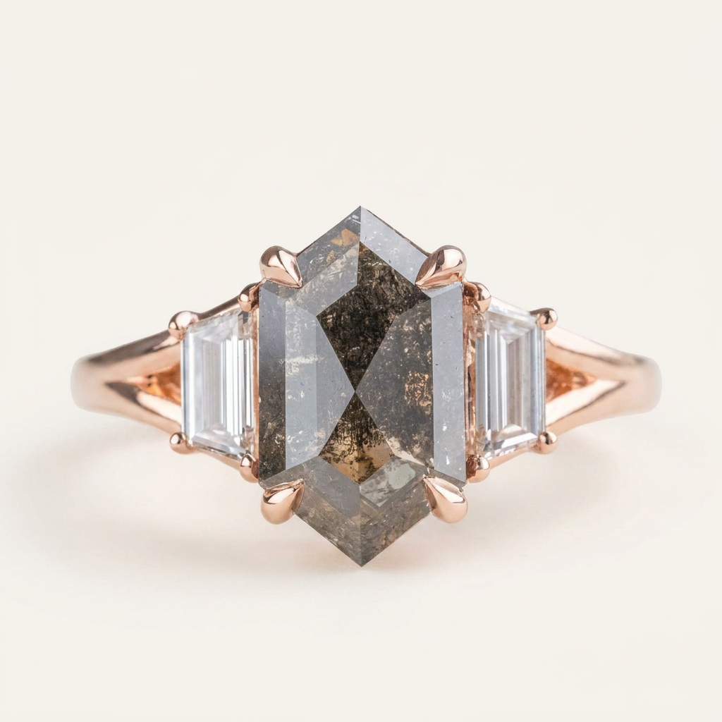 1.70 CT Hexagon & Baguette Cut Salt and Pepper Diamond Three Stone Ring