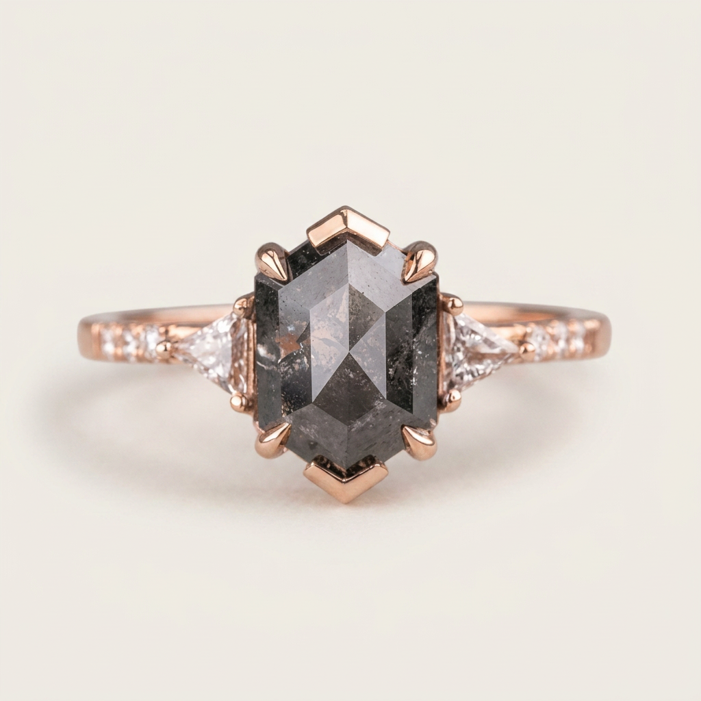 1.80 CT Hexagon & Round Cut Salt and Pepper Diamond Three Stone Ring