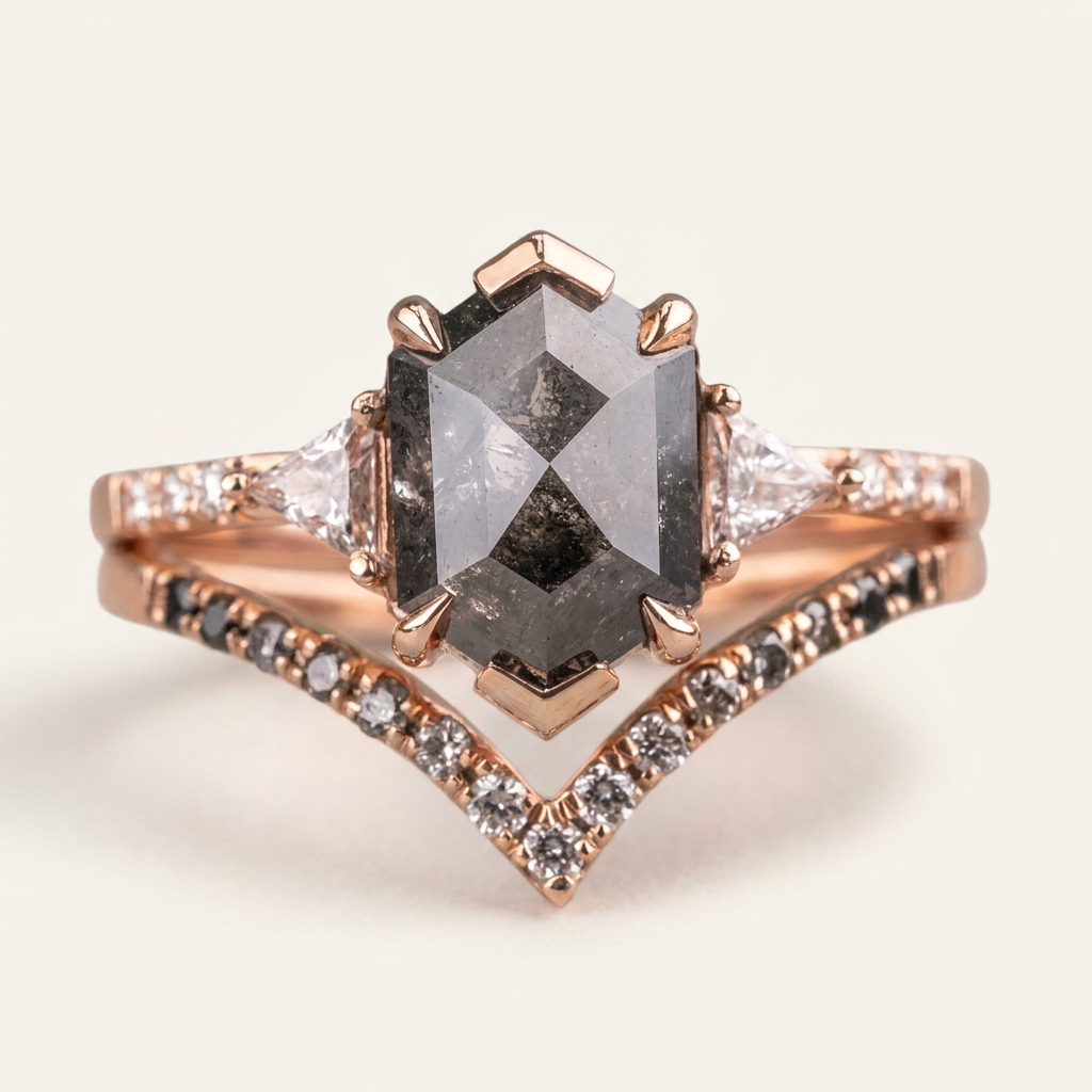 1.80 CT Hexagon & Round Cut Salt and Pepper Diamond Three Stone Ring