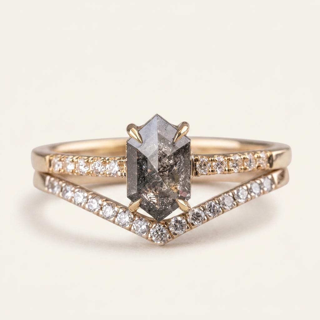 1.70 CT Hexagon Cut Salt and Pepper Diamond Solitaire Ring