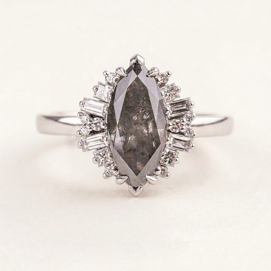 1.45 CT Marquise & Round Cut Salt and Pepper Diamond Cluster Ring