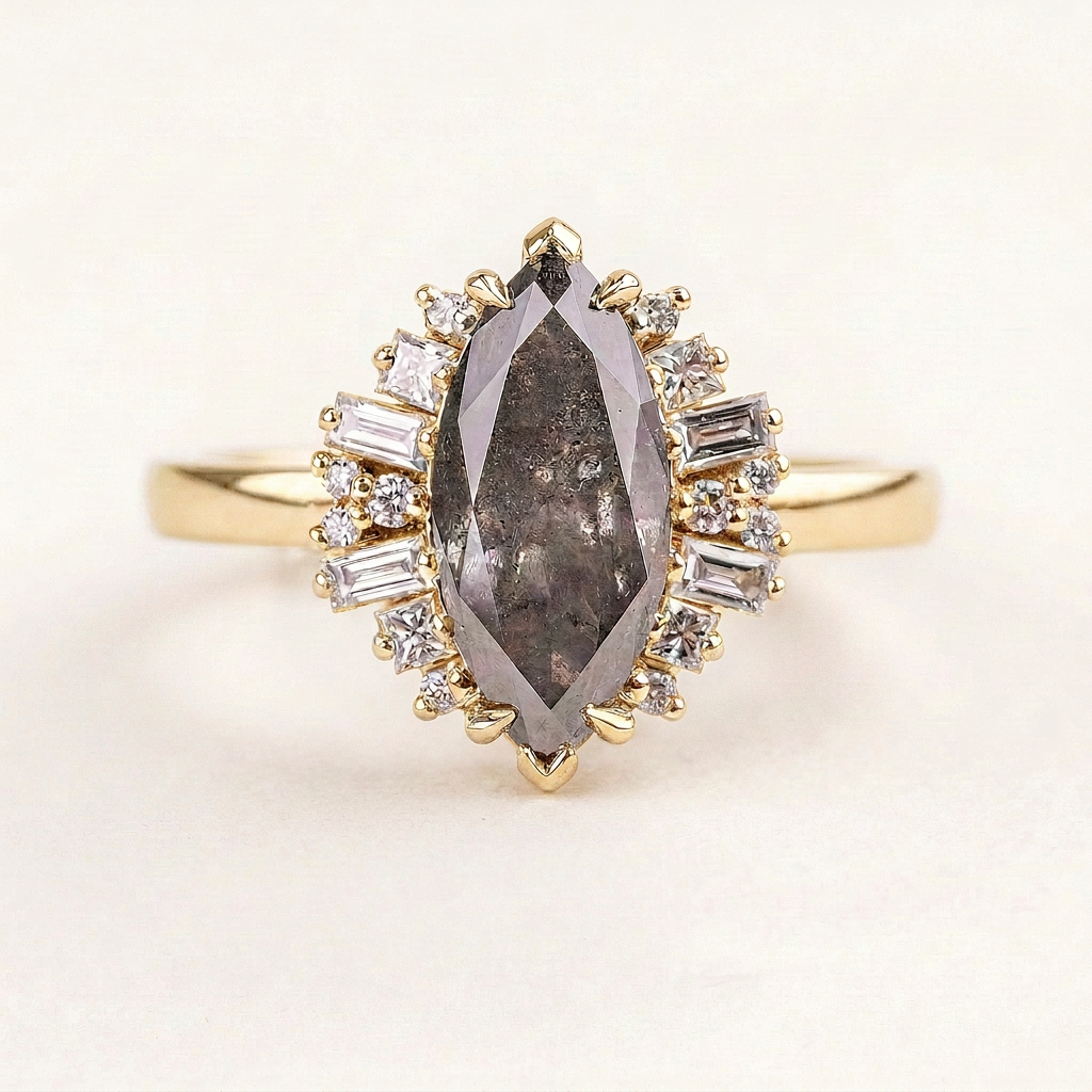 1.45 CT Marquise & Round Cut Salt and Pepper Diamond Cluster Ring