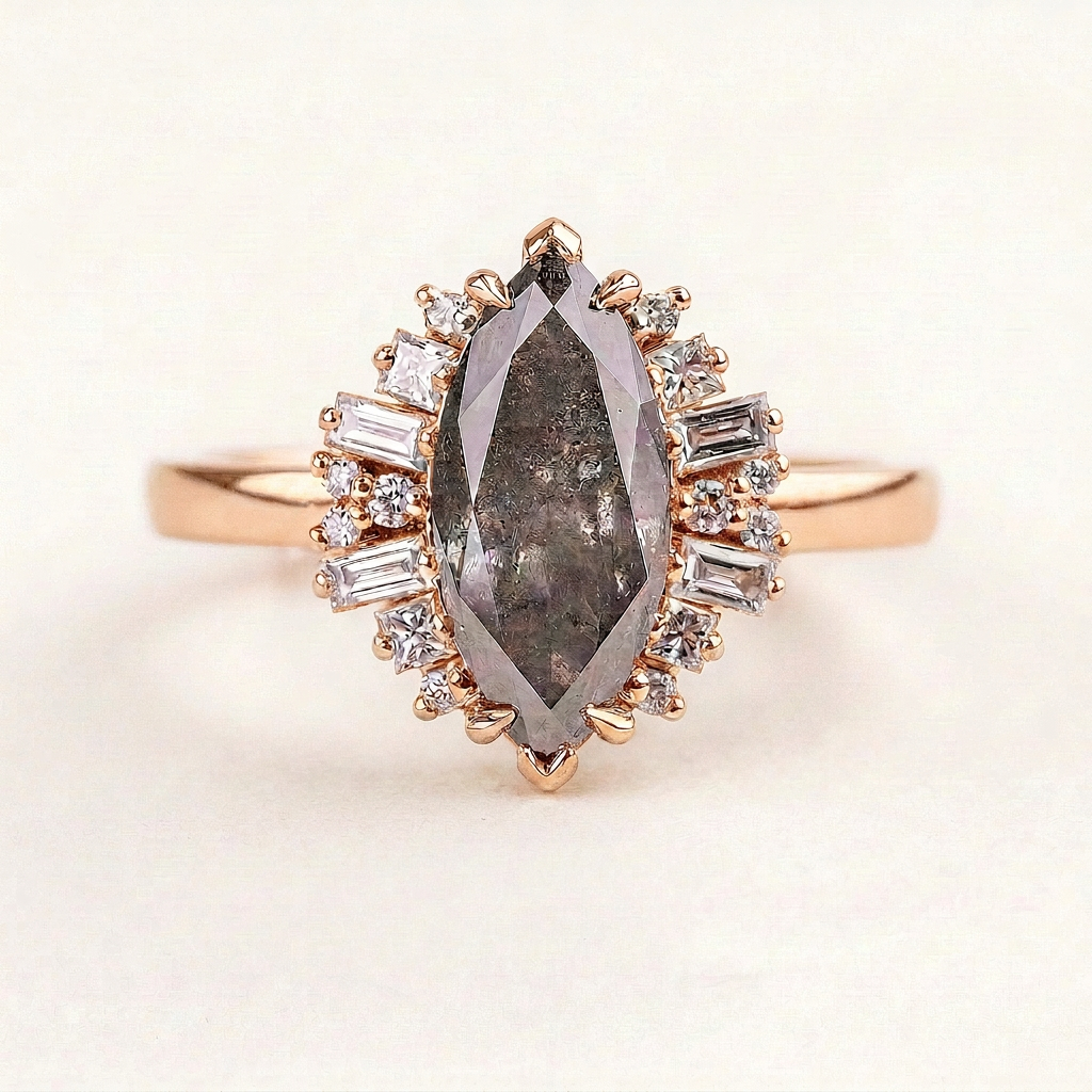 1.45 CT Marquise & Round Cut Salt and Pepper Diamond Cluster Ring